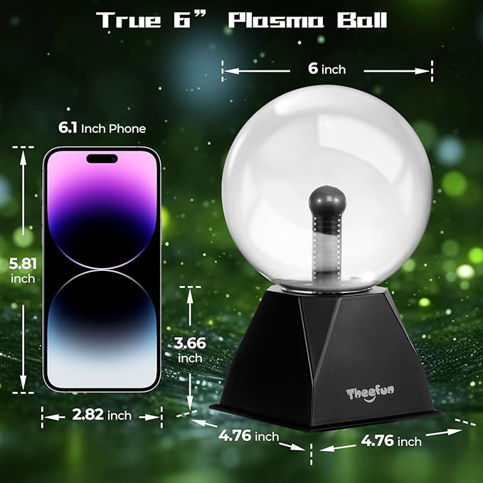 Theefun Green Plasma Ball: 6 Inch Plasma Globe Touch & Sound Sensitive Plasma Ball Lamp Electric Ball Lightning Novelty Light for Parties, Home, Prop, Room Decoration, Christmas Gifts