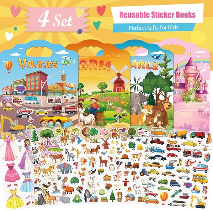 4 Set Reusable Sticker Books for Toddlers 2-4 Years, Reusable Toddler Sticker Book, Kids Puffy Activity Books Set Include Princess,Animal,Farm,Vehicles