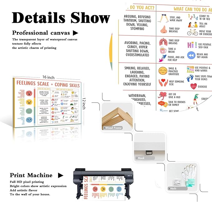 uoyien Feelings Chart For kids Mental Health Posters Help Students Understand Emotions Poster Calm Corner Special Education Classroom Decorations Preschool Classroom Supplies Wood Framed 12x16in