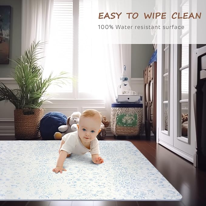 Extra Large Baby Play Mat - 4FT x 6FT Non-Toxic Foam Puzzle Floor Mat for Kids & Toddlers (Persia Handmade Pattern, Blue and White)