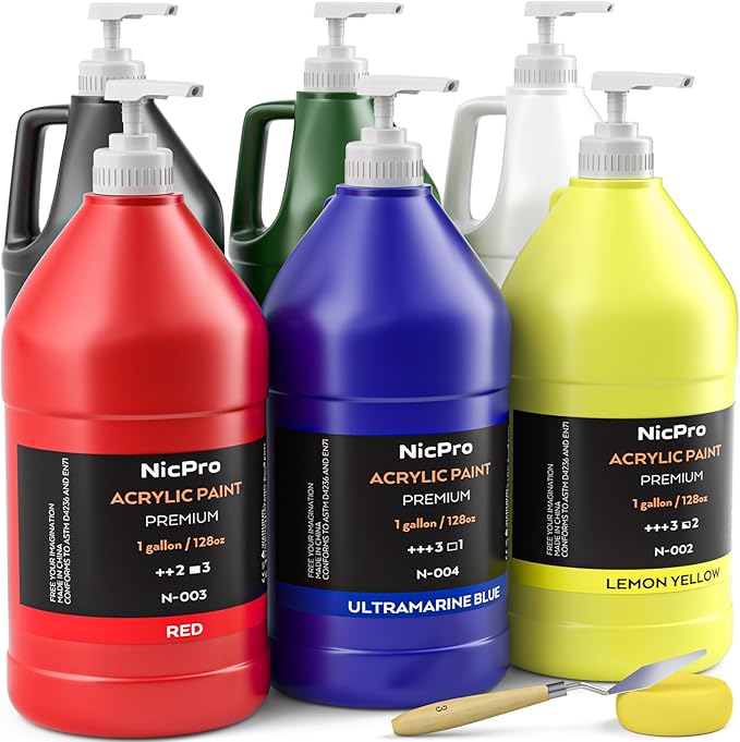 Nicpro 6 Colors Large Bulk Acrylic Paint Set (128 oz, 1 Gallon) Rich Art Painting Supplies Non Toxic for Multi Surface, Canvas, Wood, Leather, Fabric Stone Craft for Kid & Adult with Pump, Color wheel