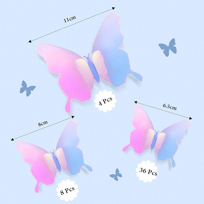 BBTO 48 Pieces Butterfly Wall Decor DIY Mirror 3D Butterfly Stickers Removable Decals for Home Bedroom School Bathroom Living Room Decor(Transparency Colorful Pink)