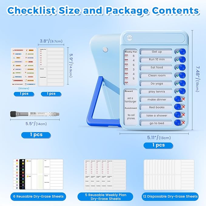 Chore Chart for Kids, Magnetic Chore Board ADHD Tools for Kids, Chore Chart for Kids Multiple Kids, Routine Chart Dry Erase Board for Kids for Habit Tracker or Daily and Weekly Checklist - Blue