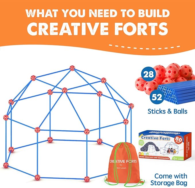 Tiny Land Kids-Fort-Building-Kit-80 Pieces-Creative Fort Toy for 5,6,7,8 Years Old Boy & Girls-STEM Building Toys DIY Castles Tunnels Play Tent Rocket Tower Indoor & Outdoor Playhouse