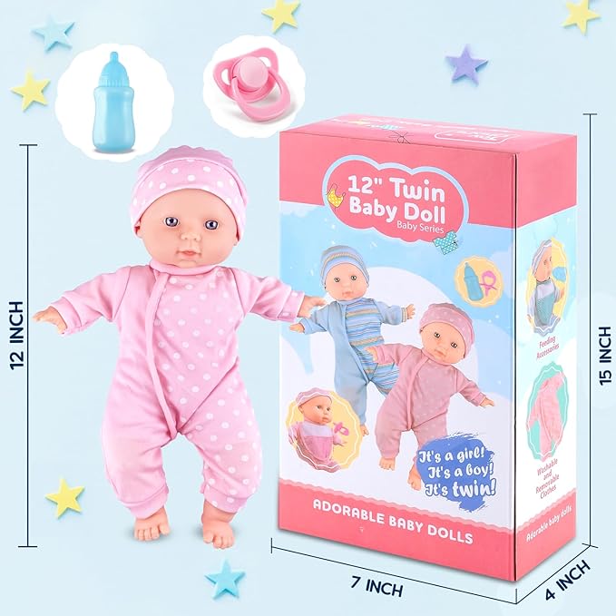 SMILESSKIDDO Twin Baby Dolls - 12 inch Two Soft Body Doll with Rompers, Hat and Pacifier, Doll Bibs, Dolls Play Set for 2 3 4 5 Year Old Boys and Girls Gift