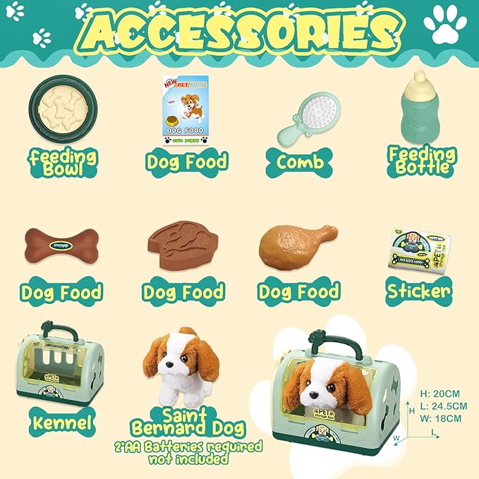 TEUVO Pet Care Play Set Robot Dog Toys for Kids, 12Pcs Kids Pretend Play Feeding Walk Bark Puppy Pet Toys with Interactive Electric Dog Plush & Cage, Xmas Gifts for Girls Toddlers 3 4 5 6 7 Years Old