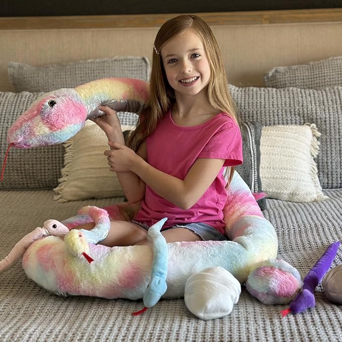 MaoGoLan 118 inch Giant Stuffed Snake Mommy with 4 Babies & 3 Eggs Inside, 8Pcs Rainbow Snake Stuffed Animal Bulk Large Boa Constrictor Plush for Boys Girls Kids Halloween Props Birthday Gifts