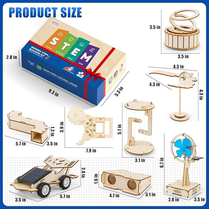 8 in1 STEM Science Kit for Kids Age 8-14, Wooden Physics Experiments & Solar Engineering Kits, Build Solar Car, Anti-Gravity Device, Telescope, Periscope & Dinosaur Claw, Gifts for Boys Girls