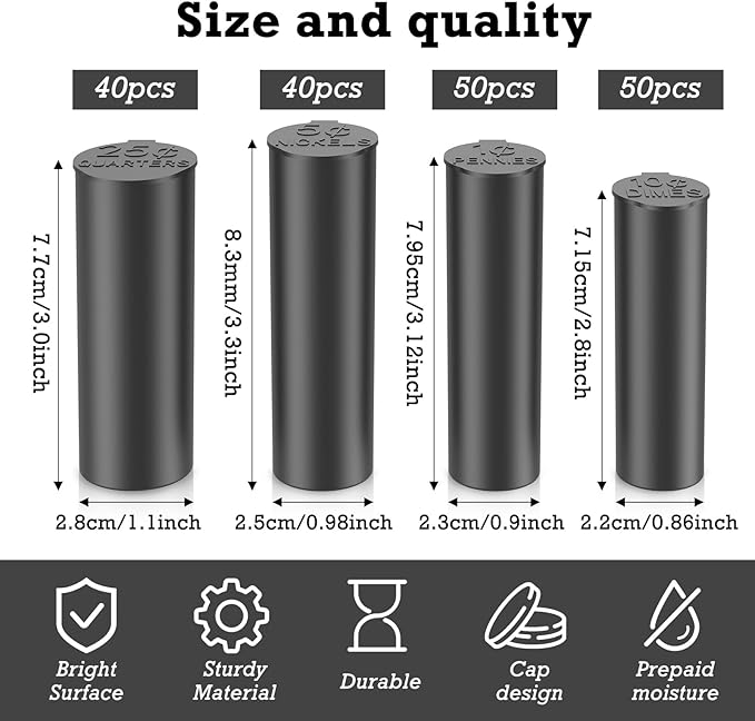 Coin Storage Tubes Set,50 Coins per Tube, Durable Plastic ，Dimes, Black ，a Box 25pcs