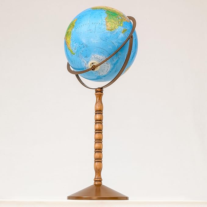 Treasury 12" Diameter Blue Illuminated Globe, USA Cartography, Convertible to Desktop with Raised Mountain Relief and Sturdy Metal Base and Hand Turned Hard Wood Stand.This economical 12” floor model stands 32” high on a durable metal base and attracti...