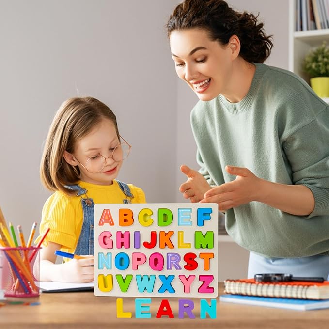 AMOR PRESENT Wooden Puzzles for Toddlers, Alphabet and Number Shape Puzzle Board, Preschool Learning Educational Toys for Kids