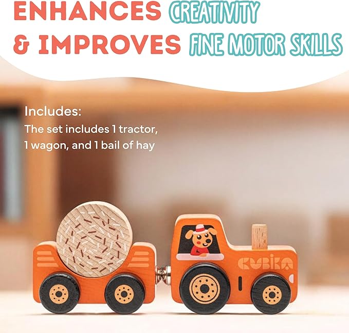 CUBIKA Wooden Toy Tractor – Montessori Toy for Toddlers Ages 3+ – Wooden Tractor with Magnetic Fasteners – FSC-Certified Wood, German Water-Based Paints – Travel-Friendly Fine Motor Toy