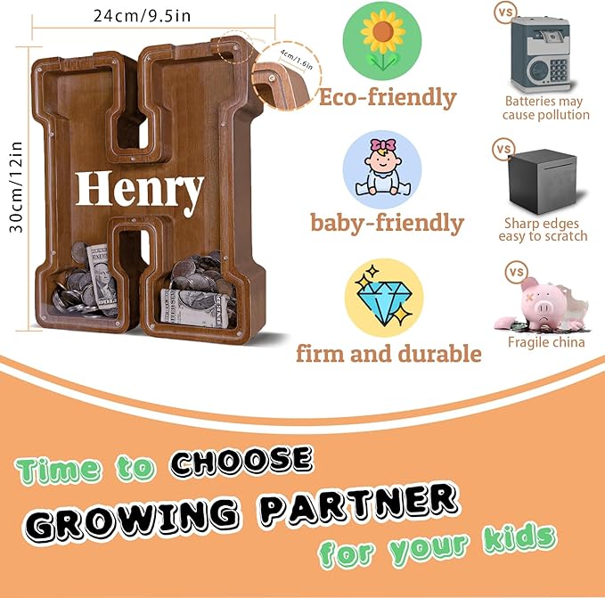 Wooden Letter Piggy Bank for Kids Larger Letter Piggy Bank for Boys and Girls Personalized Piggy Bank Initial Coin Bank Wood Kids Money Bank for Birthday and Festival