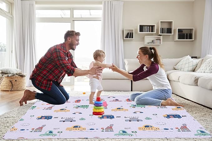 Washable Baby Play Mat for Babies 63x43” Portable, Foldable Toddler Playpen Non-Slip Baby Tummy Time Mat, Soft Floor Play for Infants Extra Large Crawling Mats Car