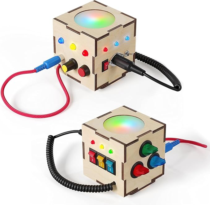 Crown Display Montessori Busy Board Fidget Cube for Toddlers {Improved 2023 Version} Wooden Sensory Activity Cube Toys LED Light Up Buttons Pluggable Wires Baby Gifts Educational Learning Toy