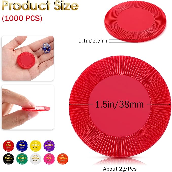 Leitee 1000 Pcs Plastic Poker Chips 38 mm Interlocking Game Lightweight Poker Chip Set Tokens Bingo Blank Casino Counting Bulk for Adults Counting Reward Card(Red)