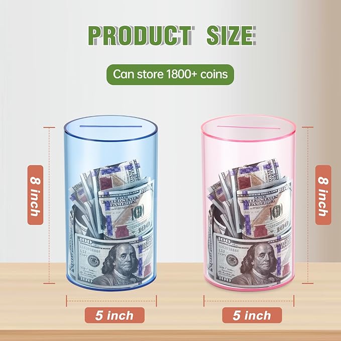 Clear Piggy Bank for Adults/Kids, Acrylic Unopenable Money Box for Cash Coin Saving, Must Break to Open, Money Saving Jar for Adults Boys Girls, Size 8" H x 5" Diameter(Blue)