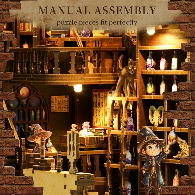 Book Nook Kit for Adults, DIY Miniature House Kit 3D Printed Booknook Wooden Puzzle Dollhouse Bookshelf Insert Decor DIY Craft Gift Model Build with LED Light for Book Lovers - Alchemy Master