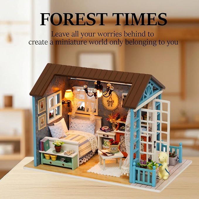 OZJAY Miniature House Kit, Mini House Building Kit with LED, DIY Miniature Kit for Adults Teen, Dollhouse Kit for Birthday Christmas, Forest Times