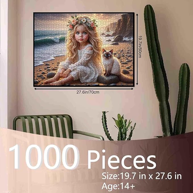 Tucocoo 1000 Piece Jigsaw Puzzle for Adults, Girl with Flower Crown and Cat on Sunset Beach – Romantic Coastal Puzzles, Family Games, Challenging Puzzles for Adults – Gift for Cat Lovers and Women