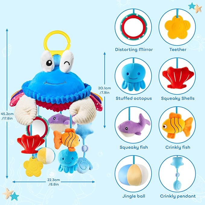 Hanging Activity Toy for Car Seat, Stroller, Crib & Play Gym, Sensory Crab Plush Toy for Babies 0-12 Months, Tummy Time, Motor Skills Development, Montessori Toy with Mirror, Rattle & Teether