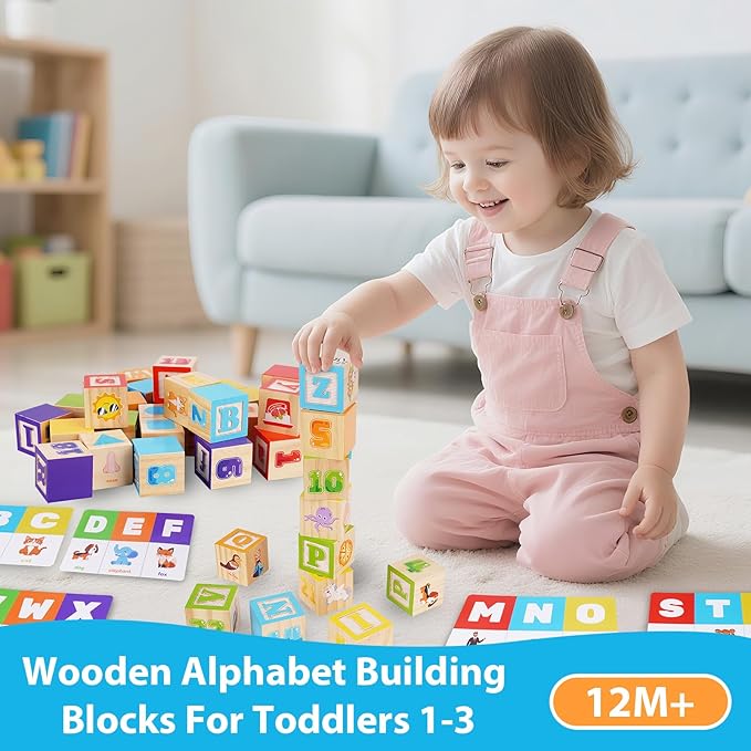 KMTJT Wooden Alphabet Blocks for Toddlers 1-3 | ABC Stacking Blocks Toys for 1 2 3 Year Old Kids | One Year Old Girl Boy 1st First Birthday Gifts | Number Building Blocks Learning Educational Toys