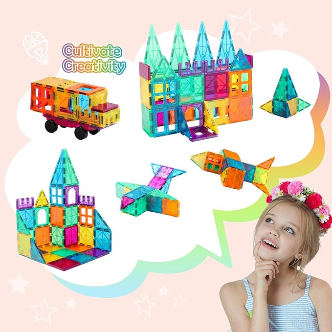 Magnetic Tiles, 96PCS Magnetic Block Toddler Toys with 2 Cars, 3D Clear Magnet Building Tiles Set, STEM Educational Toys for Kids 3-9 Years