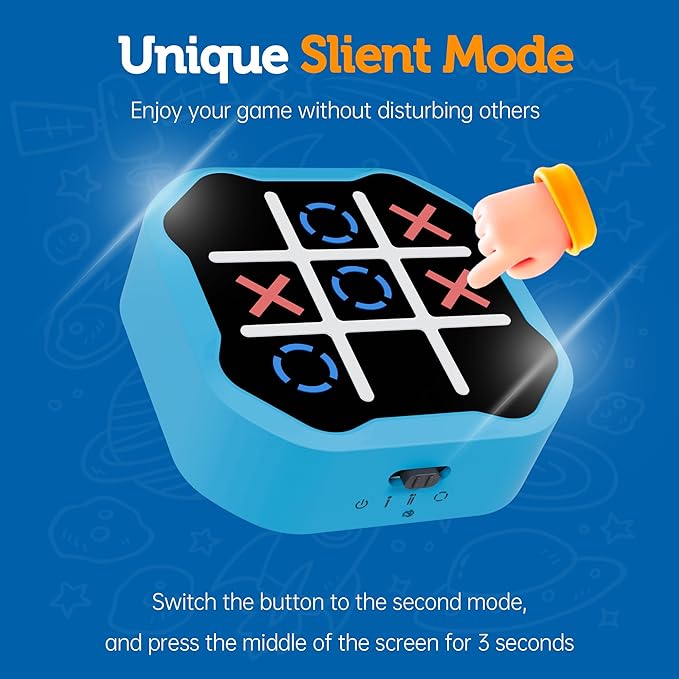 3-in-1 Electronic Tic Tac Toe Game, Handheld Travel Toy with Silent Mode, Fun for Kids and Adults, Blue