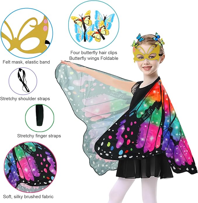 Butterfly Costume for Girls Fairy Wings Kids 4 Pcs(Cape,Skirts,Masks,Hair Clips) Butterfly Wings for Halloween Gifts