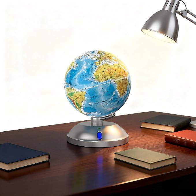 360° rotating globe, independently supported by a beautiful silver plastic base with a switch, 9-inch design, built-in LED night light, color high-definition visual map details, children's geography education, study and office decoration, living room d...