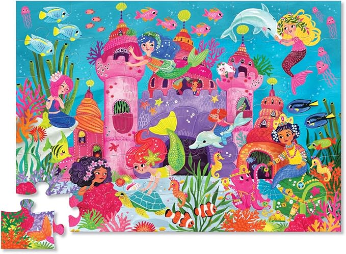 Crocodile Creek 36-Piece Jigsaw Floor Puzzle - Fun Floor Puzzles for Kids Ages 3-5 - Heavy-Duty Shaped Box for Storage - Mermaid Palace - 27" W x 20" H Finished