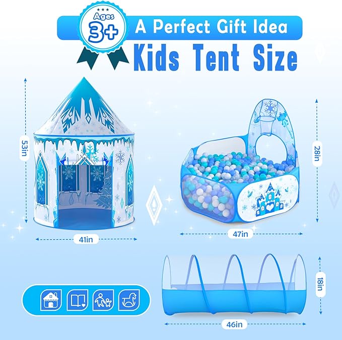 3 in 1 Girls Frozen Play Tent for Kids: Pop Up Baby Playhouse with Toddlers Crawl Tunnel, Ball Pit and Princess Castle Tent - Children Play Tent Frozen Toys Indoor and Outdoor Game for Birthday Gift