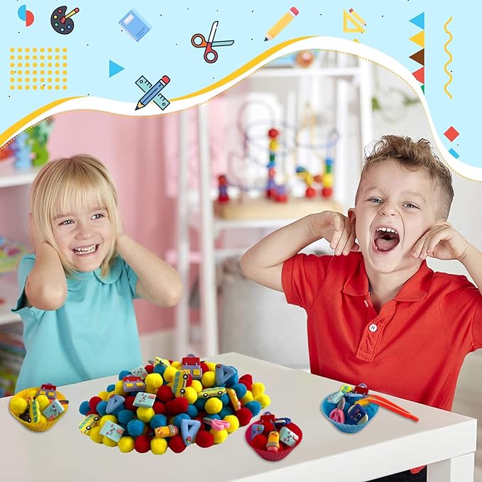 154Pcs Stationery Sensory Bin Filler, Fine Motor Toys Stationery Sensory Bin Items Counting Sorting Toy for Preschool Education Activities Include Pom Poms Pen Scissors Notebooks Cup