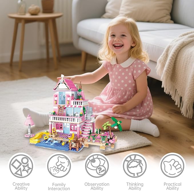 Pink Seaside Beach Villa Friends Building Set Friends Construction Educational Toy 822 Pieces Gifts for Girls Teens Kids Adults Ages 6+