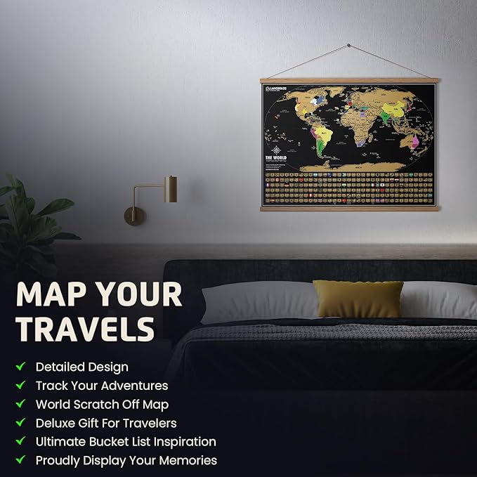 Landmass Scratch Off World Map, Deluxe Travel Tracker with Flags, Detailed Cartography, Gift Idea for Travelers, Wall Art, Home or Office Decor, 17x24 Inches