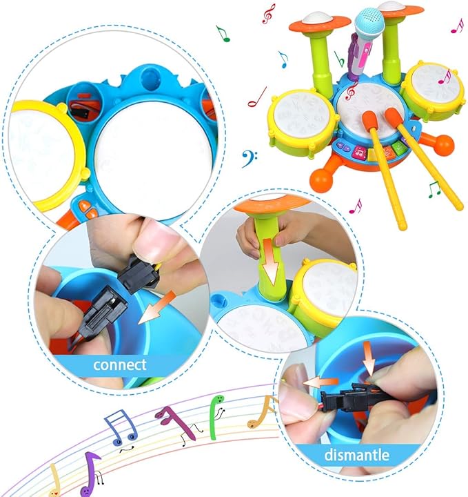 POKONBOY Kids Drum Set for Toddler 1-3, Musical Instruments Learning Toys with 2 Drum Sticks Adjustable Microphone Birthday for Boys Girls 6 12 18 Month (Yellow)