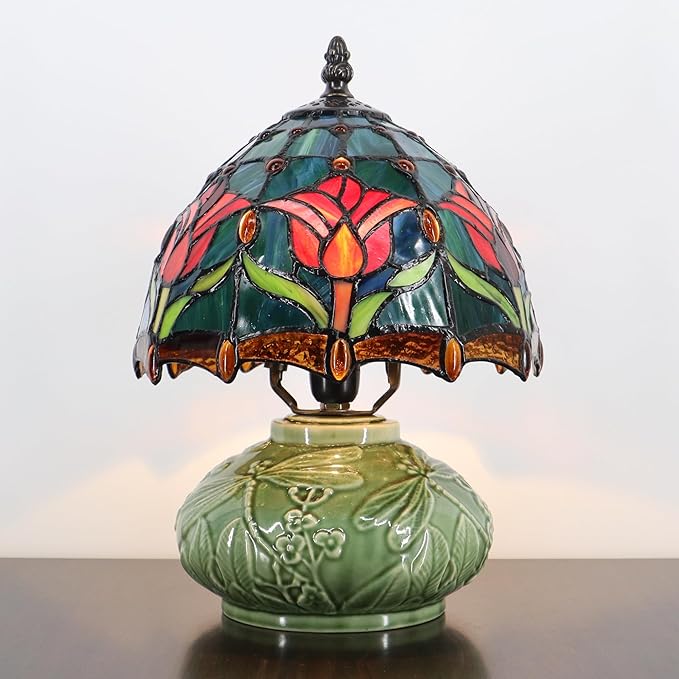 Small Tiffany Lamp Mushroom Table Lamp, Mini Stained Glass Desk Light Memory Sympathy Ceramic lamp 8X11 Inch (Tulip Style)