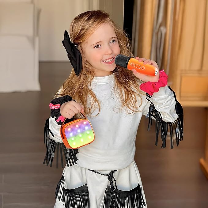 Mini Karaoke Machine for Kids Adults, Portable Bluetooth Speaker with 2 Wireless Microphones, Birthday Gifts Toys for Girls Boys Ages 3, 4, 5, 6, 7, 8, 9,10,11,12+ Years Old Toddler (Orange)