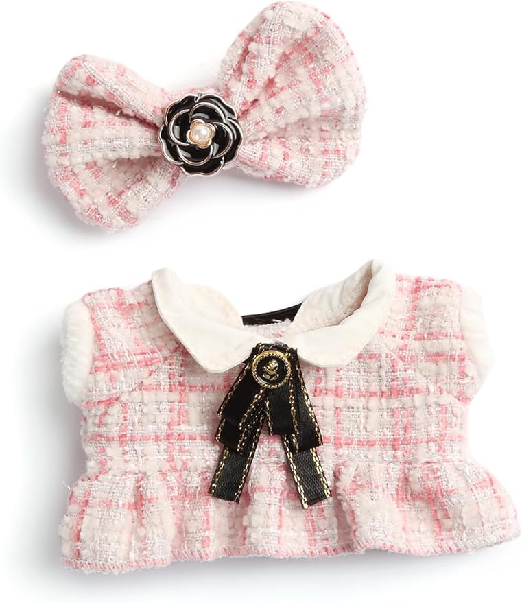 17cm Doll Clothes for Labubu - Luxury Chic Style Set for 17cm Dolls Outfit - Accessories for Dolls Clothes -Pink Plaid Tweed Dress + Black Necktie + Pink Bow (No Doll)