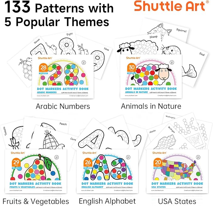 Shuttle Art Dot Markers, 36 Colors Washable with 135 Activity Sheets, 5 Activity Books, Fun Art Supplies for Kids Toddlers and Preschoolers, Non Toxic Water-Based Paint Daubers, Dot Art Markers