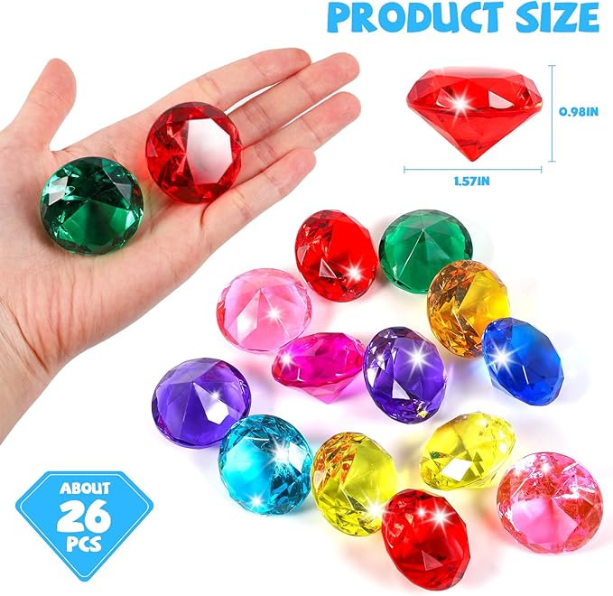 Niceup 26pcs Big Diving Gems Large Diamond Toys Kids Class Treasure Box Toys Fake Jewels Gemstones 1.57in for Princess Mermaid Pirate Chest Fillers Party Favors Decorations Hide Seek Bath