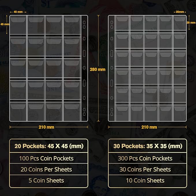 Coin Collection Book Holder - 400 Coins Pockets+15 Bills Pockets, Coin Display Organizer Storage Album for 20/25/ 27/30/38mm Coin