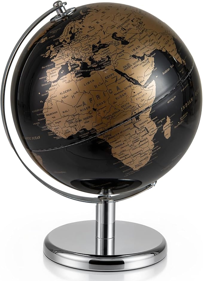 Goplus 8-Inch Metallic Black World Globe, Rotating Earth Globe w/Metal Stand, Modern Desktop Decoration for Home, Office (Black + Gold)