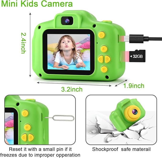 GKTZ Toys for Girls Age 3-8, Kids Camera Digital Video Toddler Camera Children Camcorder Birthday Gifts for 3 4 5 6 7 8 Year Old Girls with 32GB SD Card (Green)