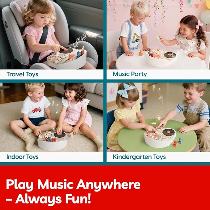TOP BRIGHT DJ Music Busy Board - Wooden Toddler Toys for Boys and Girls，Montessori Sensory Toy with 14 Activities with Sound Blocks, Portable Travel Toy for 18M+