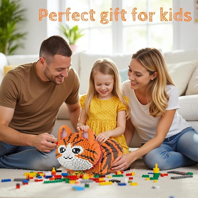 Animal Orange Striped Bell Cat Micro Mini Building Blocks Sets Large Cute Cat Building Kits Model Toys Gift for Adults Kids Teens 6665 PCS