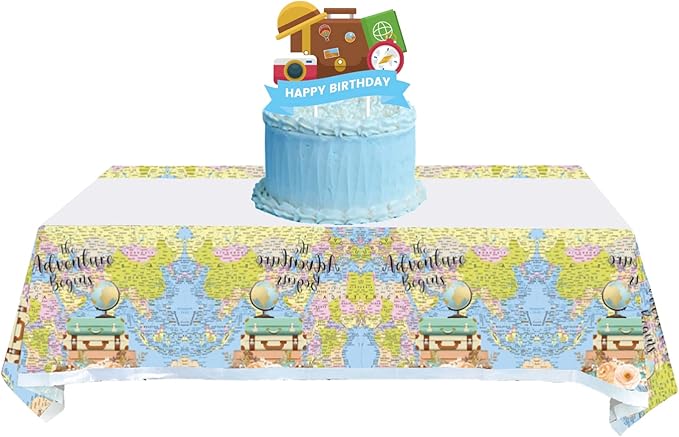 2 Pcs Adventure World Awaits Tablecloth, The Adventure Begin Birthday Party Supplies Decorations–Adventure Party Table Cover (70.9" x 42.5")