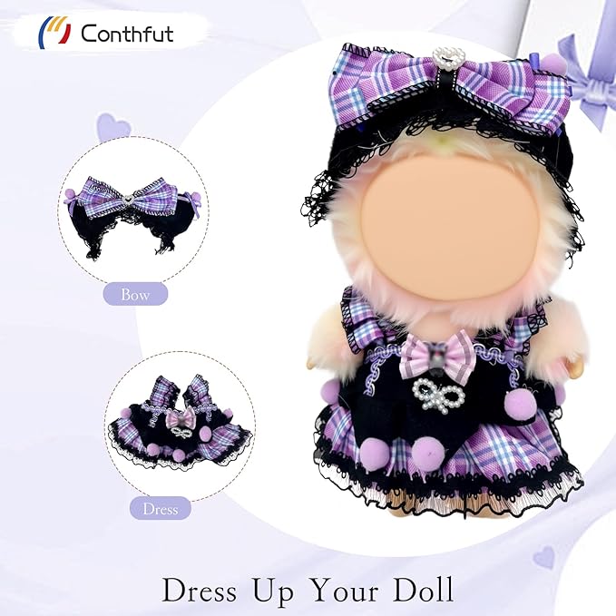 17cm/15cm Doll Clothes Outfit Set,Accessories for Dolls,Stylish Clothes Set Dress Up (No Doll) (Purple Dress)