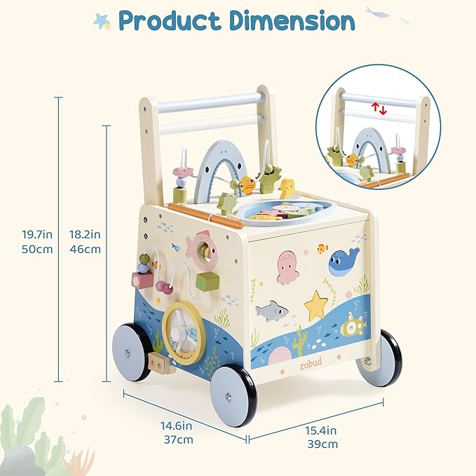 ROBUD Wooden Baby Push Walker, Marine Theme Learning Walking Toys, Adjustable Height Baby Walker with Decelerator, Montessori Toys for Baby Age 10 Months+, WRP23