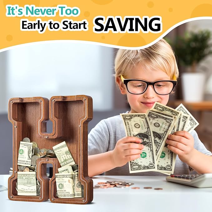 Summidate Large Wooden Piggy Bank for Kids Adults, Alphabets Letter A-Z Piggy Bank for Boys Girls, Coins Bills Change Bank Box Personalized Initial Name Kids Money Bank for Birthday Present and Decor